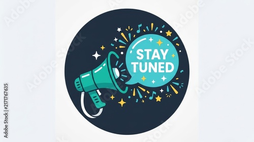 Illustrated megaphone announcing stay tuned with sparkling music notes with sparkling bursts against deep navy circular background surrounded dynamic musical notes