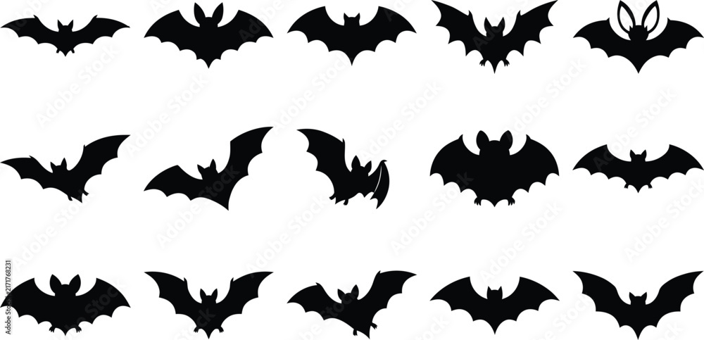 Fototapeta premium Black bat silhouettes flying in different poses collection