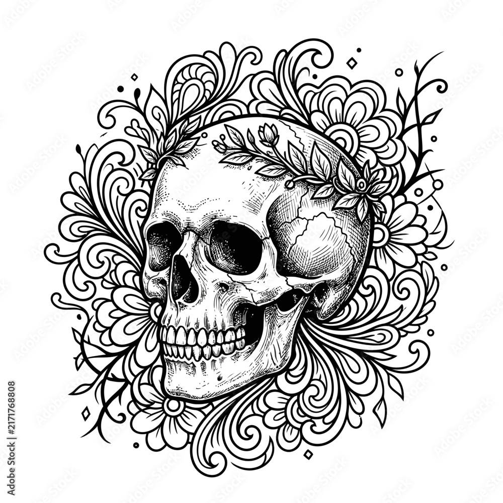 Fototapeta premium Detailed human skull illustration with intricate floral patterns and elegant swirling vines on white background