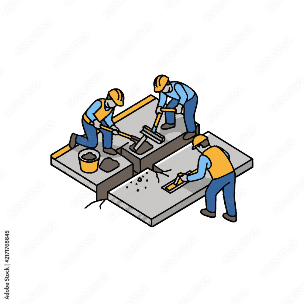 Naklejka premium Construction workers building brick wall illustration.