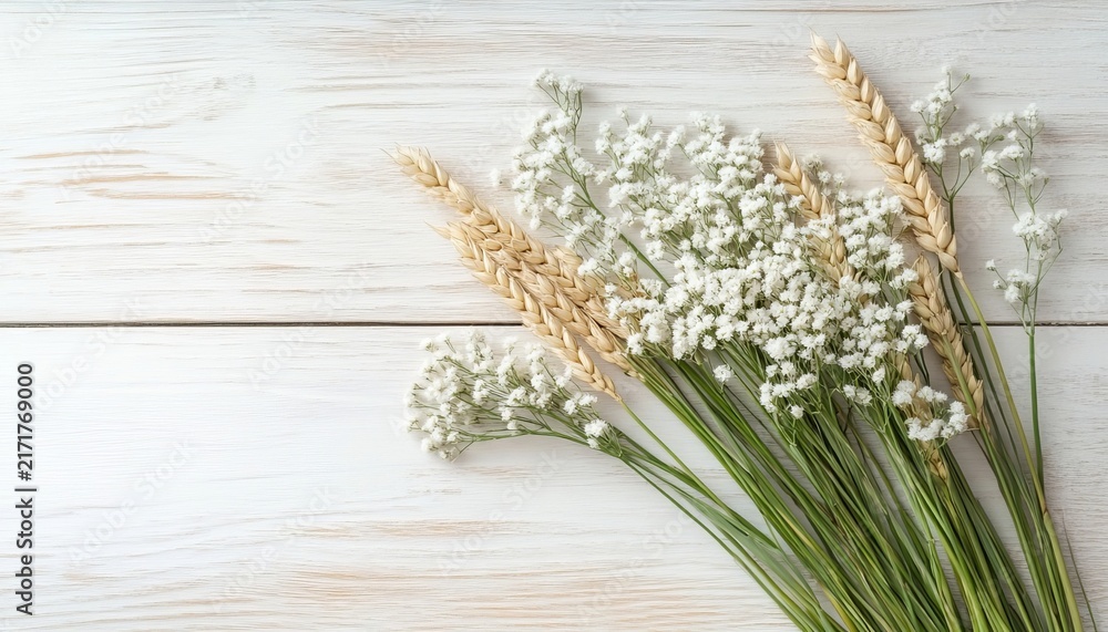 Naklejka premium Minimal Bouquet of Wheat Stalks and Babys Breath Flowers Arranged On Rustic White Wood Background