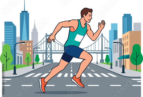 Marathon Runner Sprinting Through Modern City Street Flat Vector Illustration