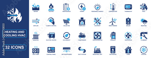 Heating and Cooling HVAC Solid Icon Set Featuring Climate Control, Ventilation, Thermostat, Air Conditioning, Radiator, Boiler, Solar Energy, Plumbing Repair and Home Comfort Vector Collection