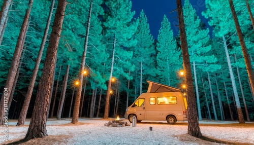 Camping in a forest with a van and lights at night