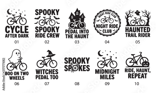 Set of ten numbered halloween themed bicycle emblems and badges featuring silhouettes of ghosts, pumpkins, bats, haunted houses, and moonlit night cycling typography and slogans