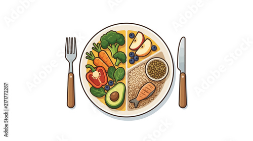 Balanced healthy meal plate with salmon and colorful vegetables.