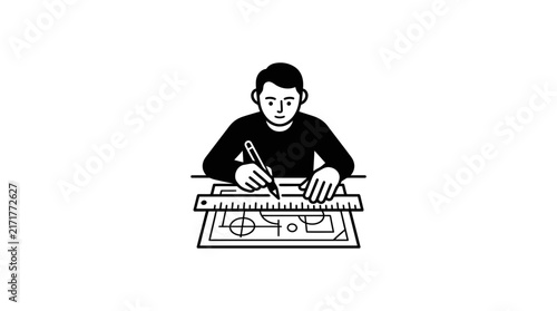 Architect drafting technical blueprint on drawing board.