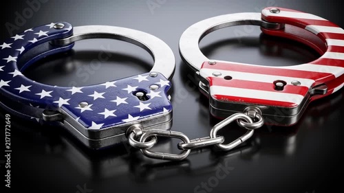 Close-up of heavy steel handcuffs in the US colors against the USA flag. Law enforcement, justice and legal system in the United States concept