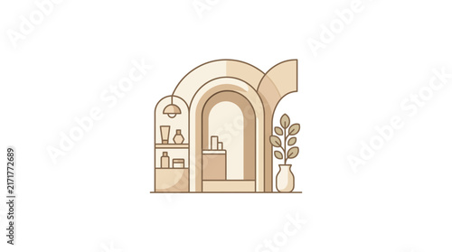 Architectural archway with skincare products and plant.