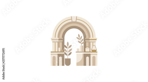Architectural archway with minimalist plants and ceramic jars.
