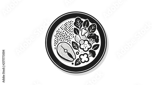 Balanced food bowl icon with fish and vegetables.