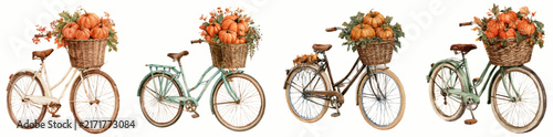 Watercolor vintage bicycles in assorted colors with front baskets overflowing with bright orange pumpkins, red berries and autumn leaves for a cozy fall harvest theme