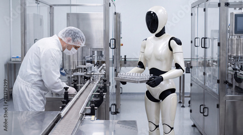 Futuristic Collaboration: A scientist in sterile uniform works alongside a modern robot on an automated production line, symbolizing innovation and efficiency in industry.