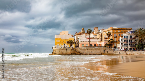 Sitges city skyline while rainy stromy weather, Spain
