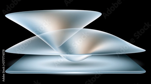Futuristic glass abstract sculpture, translucent curved crystal layers, elegant 3D geometric shapes on black background
