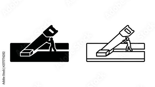 Sawing Wood Icon: A simplified icon representing a person sawing a piece of wood, depicted in both a solid black silhouette and a line drawing outline style.
