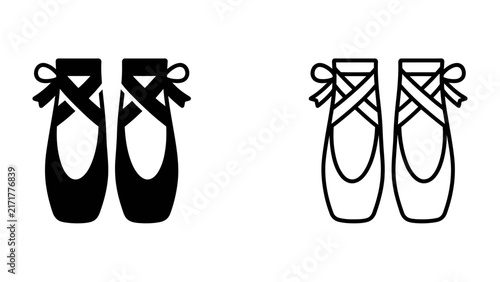 Ballet Slippers Icon Set: A minimalist collection featuring two stylized ballet slippers, one solid black and the other an outline, symbolizing dance and grace.