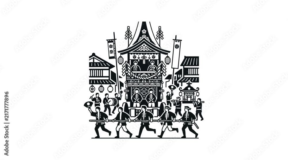 Fototapeta premium Black and white illustration of a festival procession.