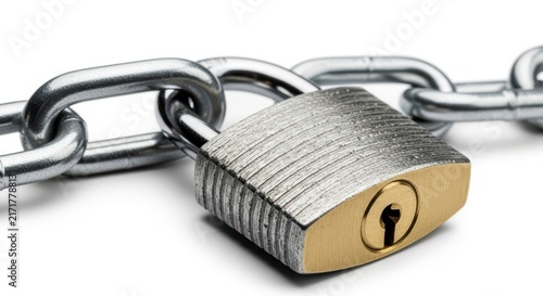Strong metal padlock securing heavy steel chain links on white surface.