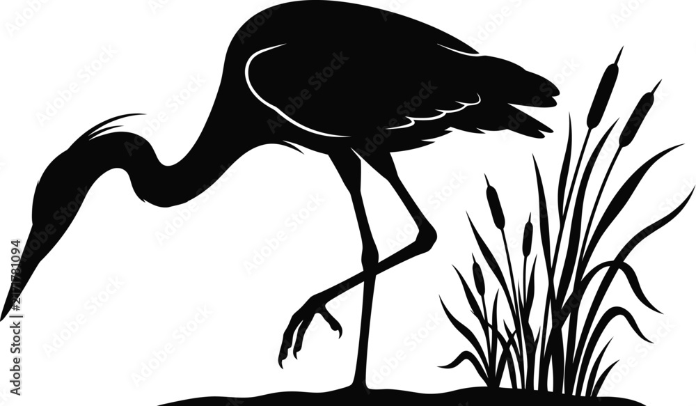 Naklejka premium Black silhouette of a heron bird standing in water reeds with silhouette wildlife illustration isolated monochrome marshland birdlife
