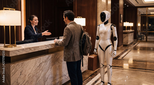 Robot Assistant at Hotel Reception: A modern hotel reception area where a human receptionist assists a guest while a sophisticated robot stands by, ready to offer advanced service.