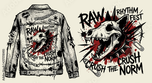 Punk Jacket Design with Dog Skull and Barbed Wire