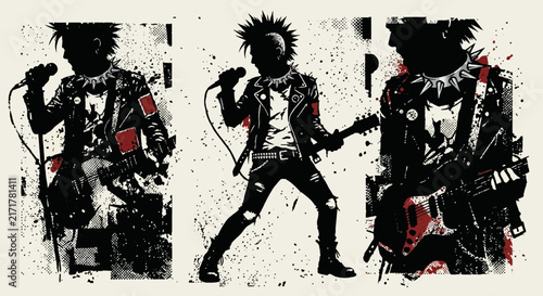 Punk Rock Band Silhouettes with Microphones and Guitars