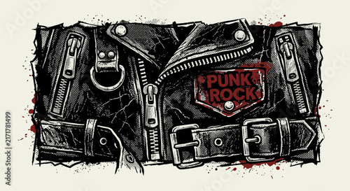 Punk Rock Leather Jacket with Zippers and Blood Splatter