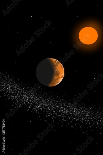 Abstract illustration of the Red Planet and the center of the solar system, with scattered cosmic dust.