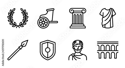 Ancient Roman Icons Set, Classical History Symbols Vector Collection, Greek Mythology Elements, Vintage Culture Graphics, Laurel Wreath, Chariot, Column, Toga, Spear, Shield, Man, Aqueduct