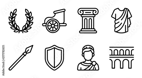 Ancient Roman Icons Set, Classical History Symbols, Greek Mythology Elements, Vintage Culture Graphics, Vector Art Collection
