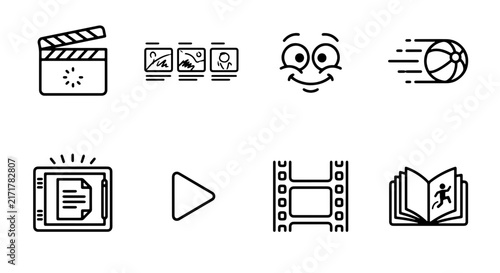Vector Icon Set: Film Clapperboard, Storyboard, Happy Face, Basketball, Safe, Play Button, Film Strip, Open Book for Media, Entertainment, and Education