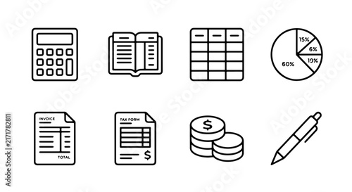 Financial Icons Set, Accounting Symbols Collection, Business Data Graphics, Money Management Vector Icons, Digital Finance Tools