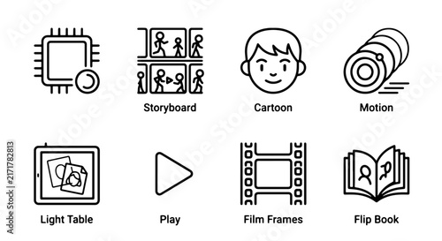 Creative Process Icons: Storyboard, Cartoon, Motion, Light Table, Play, Film Frames, Flip Book, Chip - Vector Set for Animation and Design