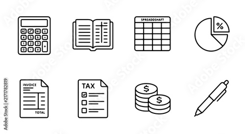 Financial Icons Set, Business Accounting Symbols, Calculator, Ledger, Spreadsheet, Pie Chart, Invoice, Tax Form, Coins, Pen, Vector Graphics for Finance and Data Analysis