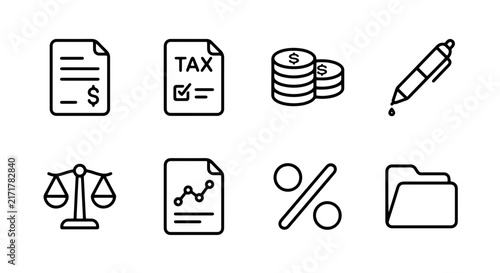 Financial Icons Set, Business Symbols Collection, Accounting & Tax Graphics, Legal & Data Analytics Icons, Vector Illustration