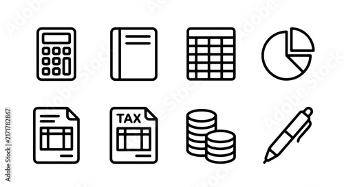 Financial Icons Set, Business Symbols Collection, Accounting and Tax Graphics, Calculator, Pie Chart, Coins, Pen, Spreadsheet Vector Icons
