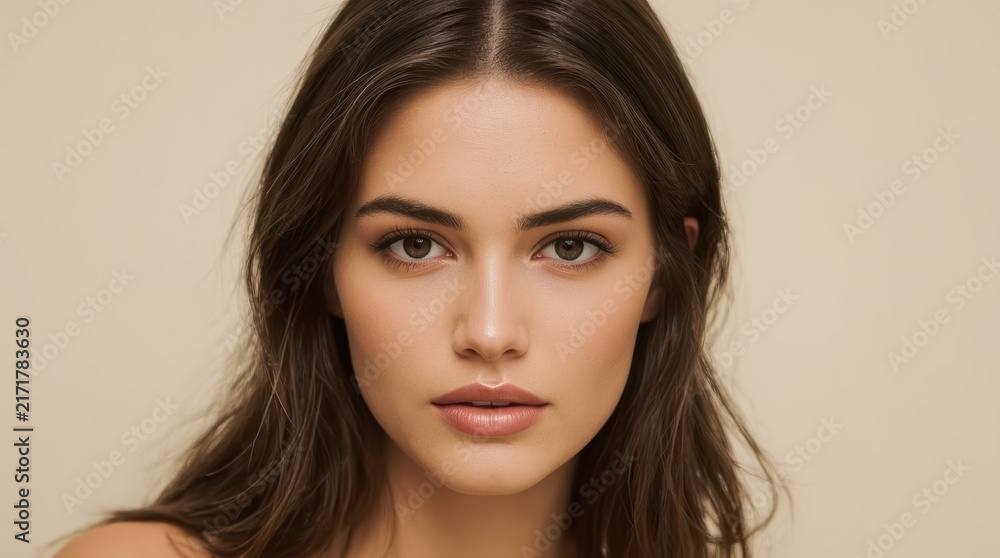 Fototapeta premium Woman portrait with luminous eyes and silky hair expressing calm confidence