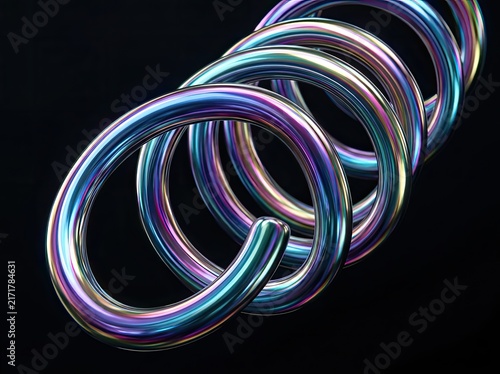 Abstract iridescent 3D metallic spiral coil reflecting colorful gradient light on dark background