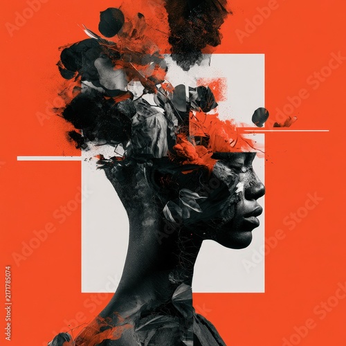Abstract portrait of a woman's head exploding with dark energy and red accents