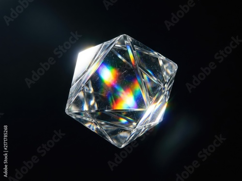 Faceted crystal polyhedron displaying rainbow spectrum refractions on a dark background