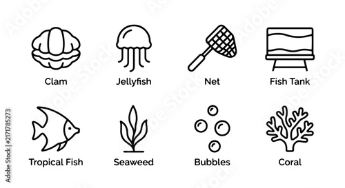 Cuadro en lienzo Marine Life Icons Set: Clam, Jellyfish, Tropical Fish, Coral, Seaweed, Bubbles,