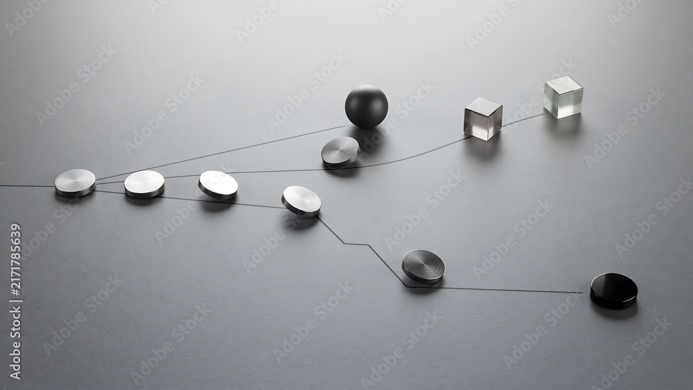 Obraz premium A network diagram with metal discs connected by lines branching out towards a dark sphere, a clear cube, and a black circular on gray.