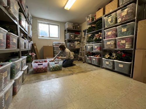 Woman organizing storage room with plastic bins on metal shelves for home organization