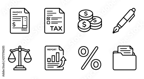 Financial Icons Set: Invoice, Tax Document, Coins, Pen, Scales of Justice, Report, Percentage, Folder. Business and Accounting Vector Graphics for Finance and Legal Concepts.