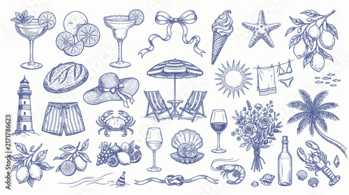 Vintage Summer Vector Icon Set. Hand Drawn Blue Lighthouse, Palms, Crab, Wine. Sketch Style Holiday Vacation Beige Texture Background. Nautical Elements Collection.