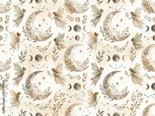 Fairies and moons create a whimsical, celestial pattern on a textured, neutral background, evoking magic and dreams.