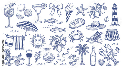Summer vacation doodles, hand drawn beach icons, vintage sea life collection, tropical fruits and drinks, lighthouse, crab, palm tree, sun, coconut, lobster vector illustrations set