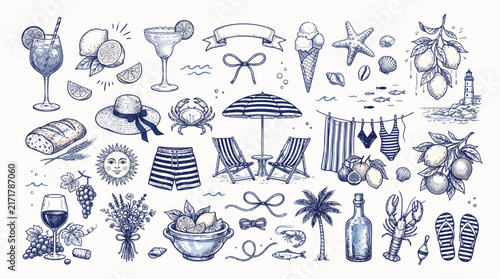 Blue summer vacation icons set, hand-drawn doodles and sketches collection. Beach leisure elements, cocktails, fruits, and travel objects