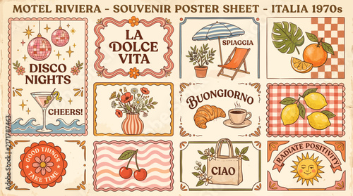Motel Riviera - Souvenir Poster Sheet - Italia 1970s. Vintage Italian Travel Collection. Retro Vector Labels. La Dolce Vita. Nostalgic Prints